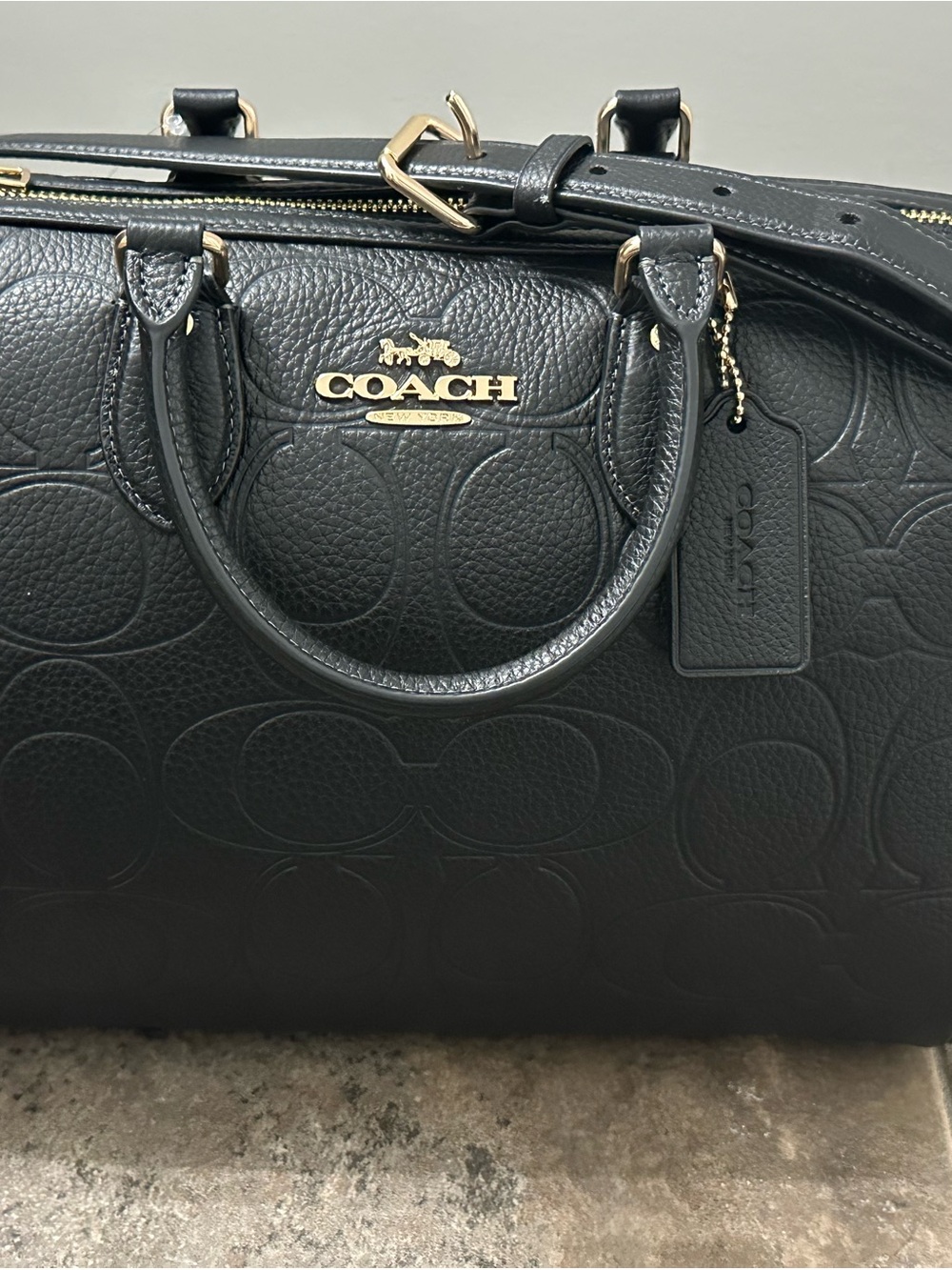 NWT Large Coach Black Embossed Pebbled Leather Satchel with Gold Hardware